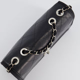 Chanel Black Matelasse Crumpled Calfskin Leather Flap Bag With Silver Hardware and Grosgrain Fabric Detailing