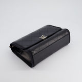 Chanel Black Matelasse Crumpled Calfskin Leather Flap Bag With Silver Hardware and Grosgrain Fabric Detailing