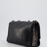 Chanel Black Matelasse Crumpled Calfskin Leather Flap Bag With Silver Hardware and Grosgrain Fabric Detailing