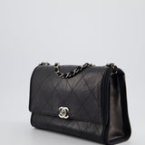 Chanel Black Matelasse Crumpled Calfskin Leather Flap Bag With Silver Hardware and Grosgrain Fabric Detailing