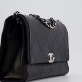 Chanel Black Matelasse Crumpled Calfskin Leather Flap Bag With Silver Hardware and Grosgrain Fabric Detailing