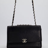 Chanel Black Matelasse Crumpled Calfskin Leather Flap Bag With Silver Hardware and Grosgrain Fabric Detailing