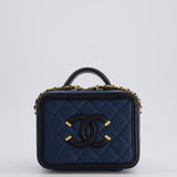 Chanel Navy and Black Small CC Vanity Case Bag in Caviar Leather with Brushed Gold Hardware