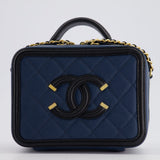 Chanel Navy and Black Small CC Vanity Case Bag in Caviar Leather with Brushed Gold Hardware