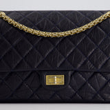 Chanel Navy Medium Reissue 2.55 Double Flap Bag in Quilted Crumpled Lambskin with Gold Hardware