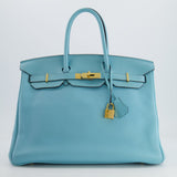 Hermès Birkin 35cm Bag in Bleu Atoll Clemence Leather with Gold Hardware