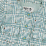 Chanel 1997 Vintage Baby Blue, Brown and White Tweed Jacket with CC Button Details Size FR 36 (UK 8)