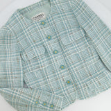 Chanel 1997 Vintage Baby Blue, Brown and White Tweed Jacket with CC Button Details Size FR 36 (UK 8)