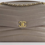 Chanel Light Grey Chevron Miroir Flap Bag in Distressed Calfskin Leather with Champagne Gold Hardware