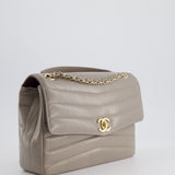 Chanel Light Grey Chevron Miroir Flap Bag in Distressed Calfskin Leather with Champagne Gold Hardware