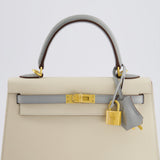 *RARE* Hermès HSS Kelly Sellier 25cm Bag in Craie and Bleu Glacier Epsom Leather with Brushed Gold Hardware