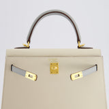 *RARE* Hermès HSS Kelly Sellier 25cm Bag in Craie and Bleu Glacier Epsom Leather with Brushed Gold Hardware