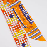 Hermès Orange Diamond Print Checkered Reversible Twilly Scarf