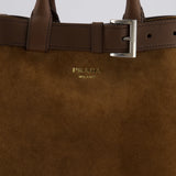 Prada Medium Brown Suede Buckle Belt Bag with Strap in Gold and Silver Hardware