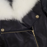 Chanel Black Leather Asymmetric Jacket with White Fur Details and Logo Buttons Detail Size FR 34 (UK 6)