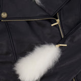 Chanel Black Leather Asymmetric Jacket with White Fur Details and Logo Buttons Detail Size FR 34 (UK 6)