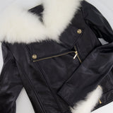 Chanel Black Leather Asymmetric Jacket with White Fur Details and Logo Buttons Detail Size FR 34 (UK 6)