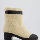 Chanel White Shearling and Black Leather Logo Strap and Toe Detail Size EU 38.5