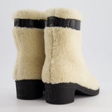 Chanel White Shearling and Black Leather Logo Strap and Toe Detail Size EU 38.5