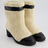 Chanel White Shearling and Black Leather Logo Strap and Toe Detail Size EU 38.5