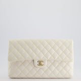 Chanel Ivory Timeless Clutch Bag in Quilted Caviar Leather with Champagne Gold Hardware