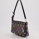 Louis Vuitton X Takashi Murakami Black Pochette Accessories Bag in Coated Canvas &amp; Calfskin Leather with Silver Hardware