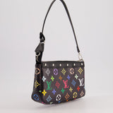 Louis Vuitton X Takashi Murakami Black Pochette Accessories Bag in Coated Canvas &amp; Calfskin Leather with Silver Hardware