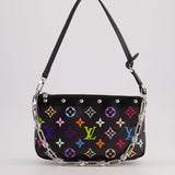 Louis Vuitton X Takashi Murakami Black Pochette Accessories Bag in Coated Canvas &amp; Calfskin Leather with Silver Hardware