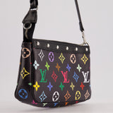 Louis Vuitton X Takashi Murakami Black Pochette Accessories Bag in Coated Canvas &amp; Calfskin Leather with Silver Hardware