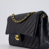 Chanel Navy Vintage Classic Medium Chevron Double Flap Bag in Lambskin Leather with 24K Gold Hardware