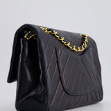 Chanel Navy Vintage Classic Medium Chevron Double Flap Bag in Lambskin Leather with 24K Gold Hardware