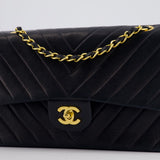 Chanel Navy Vintage Classic Medium Chevron Double Flap Bag in Lambskin Leather with 24K Gold Hardware