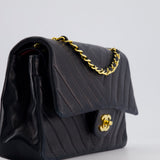 Chanel Navy Vintage Classic Medium Chevron Double Flap Bag in Lambskin Leather with 24K Gold Hardware