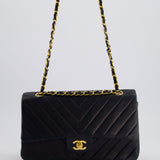 Chanel Navy Vintage Classic Medium Chevron Double Flap Bag in Lambskin Leather with 24K Gold Hardware