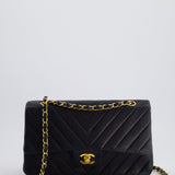 Chanel Navy Vintage Classic Medium Chevron Double Flap Bag in Lambskin Leather with 24K Gold Hardware