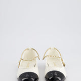 Chanel White Ballerina Shoes In Leather with CC Charm Ankle Strap & Black Patent Leather Toe Detail Size EU 34.5