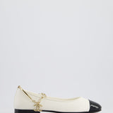 Chanel White Ballerina Shoes In Leather with CC Charm Ankle Strap & Black Patent Leather Toe Detail Size EU 34.5