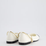 Chanel White Ballerina Shoes In Leather with CC Charm Ankle Strap & Black Patent Leather Toe Detail Size EU 34.5