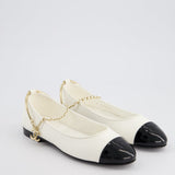 Chanel White Ballerina Shoes In Leather with CC Charm Ankle Strap & Black Patent Leather Toe Detail Size EU 34.5