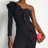 Veronica Beard Black and Red Polka Dot Silk Midi Dress with One Sleeve Size 2 (UK 6)