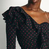 Veronica Beard Black and Red Polka Dot Silk Midi Dress with One Sleeve Size 2 (UK 6)