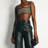 Valentino Brown Toile Iconographe Cropped Leather-Trimmed Flocked Canvas Top IT 38 (UK 6) RRP £980