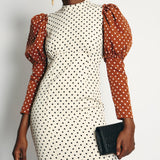 Rejina Pyo Cream, Brown Polka Dot Long-Sleeve Midi Dress Size UK 10