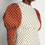 Rejina Pyo Cream, Brown Polka Dot Long-Sleeve Midi Dress Size UK 10