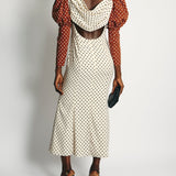 Rejina Pyo Cream, Brown Polka Dot Long-Sleeve Midi Dress Size UK 10