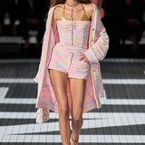 *SUPER HOT* Chanel Resort 2024 Pink & White Robe Coat with Belt & Multi-Coloured Chanel Logo Details Size FR 36 (UK 8)