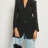 Ermanno Scervino Black Single-Breasted Blazer Jacket with Black Flower Patch Detail Logo Button Detail Size IT 36 (UK 4)