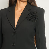 Ermanno Scervino Black Single-Breasted Blazer Jacket with Black Flower Patch Detail Logo Button Detail Size IT 36 (UK 4)