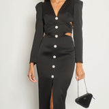 Rasario Black Long-Sleeve Cut-Out Midi Dress with Crystal Button Size FR 36 (UK 8)