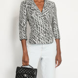 Chanel Black & White Checked Tweed Backless Jacket with Silver Screen Print and Pearl Belt at the Back Size FR 34 (UK 4)